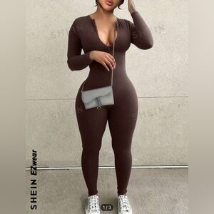 SHEIN EZwear Women'S Zipper Half Placket Skinny Jumpsuit size Large